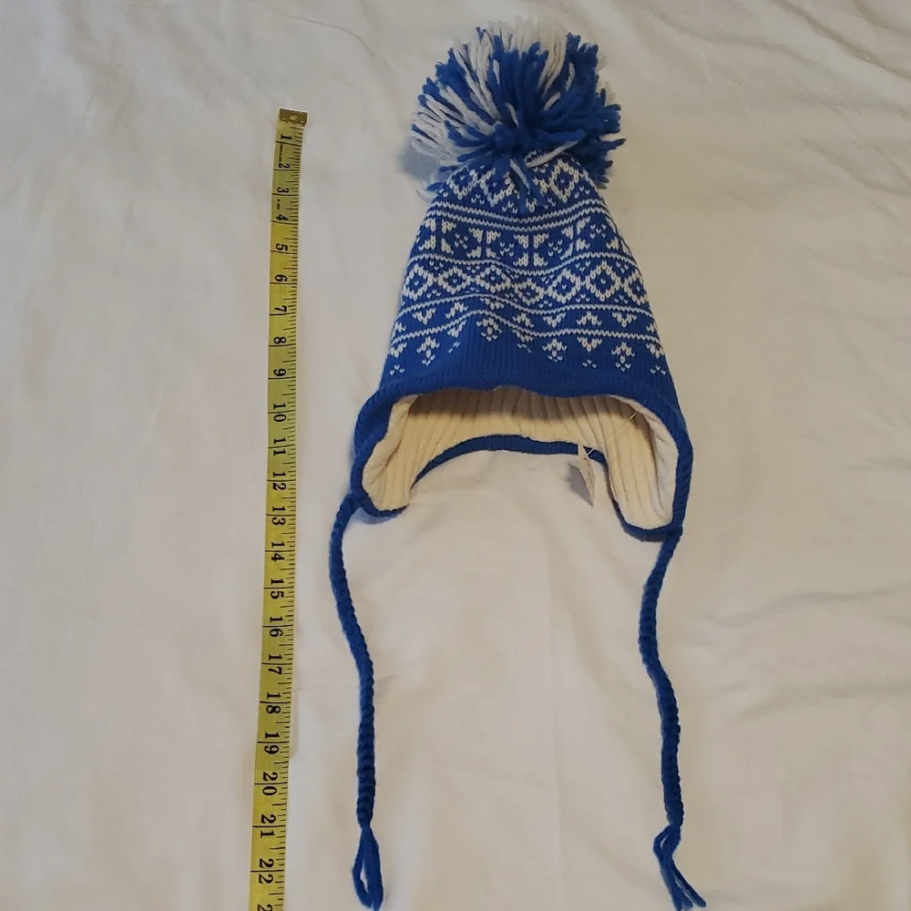 Vintage, Smiley, Pure Wool Hat, Blue and White, Pom Pom, Kids, NWT
